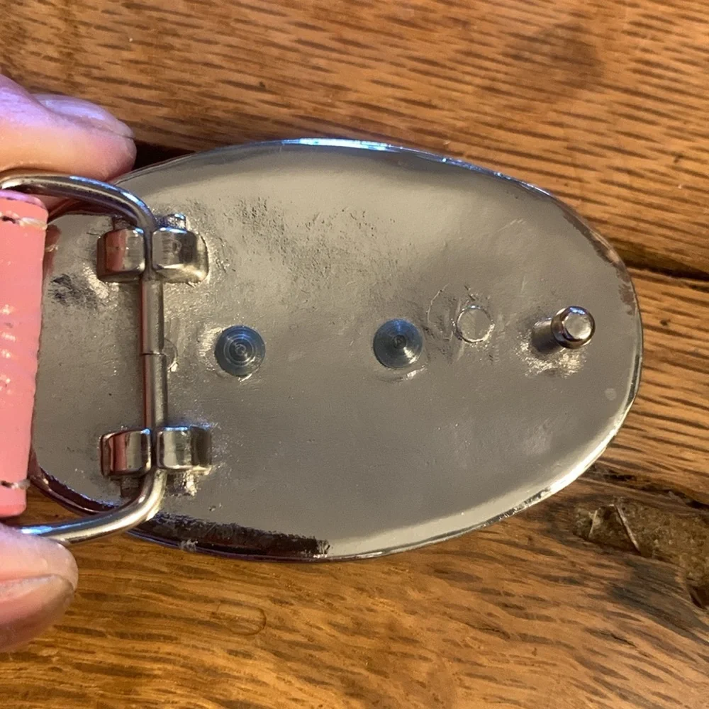 NOCONA PINK TOOLED LEATHER COWGIRL BELT WITH HORSE AND HORSESHOE BUCKLE